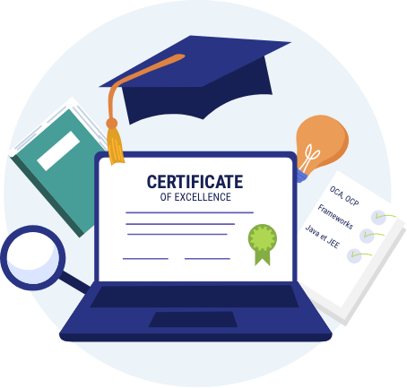 Illustration d'éléments académiques avec un ordinateur affichant un certificat d'excellence, un chapeau de graduation, des livres et des notes sur Java OCA/OCP et frameworks