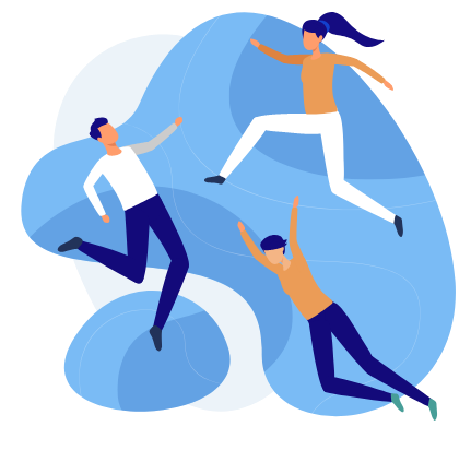 Illustration de trois personnes en mouvement, symbolisant la dynamique et le travail d'équipe dans le développement professionnel