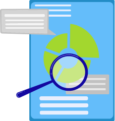Illustration d'une loupe sur un document qui analyse les informations sur le document symbolisant un audit de performance technologique