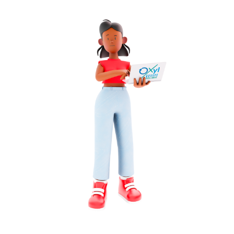 Mascotte d'entreprise en 3D debout représentant une développeuse  avec un t-shirt rouge et tenant un ordinateur marqué 'Oxyl'