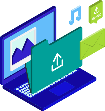 Représentation 3D d'un ordinateur portable bleu avec des icônes de fichier, de musique, de courrier électronique et de téléchargement flottant à côté de lui, symbolisant la gestion et le partage de données numériques.
