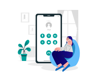 Illustration d'une personne assise confortablement en train de passer un appel téléphonique avec 'Oxyl affiché sur l'écran du smartphone géant à côté