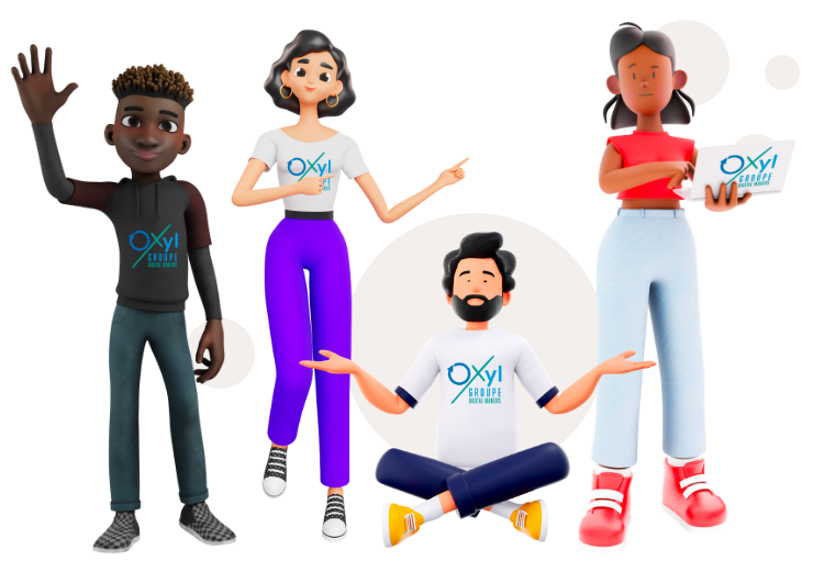 Mascottes d'entreprise en 3D représentant quatre développeurs, deux hommes et deux femmes avec un t-shirt, sweat ou ordinateur marqué 'Oxyl' symbolisant l'esprit de l'équipe Oxyl