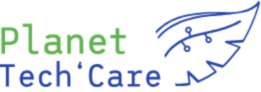logo avec le nom Planet Tach'Care et une plume bleue