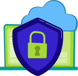 Bouclier de sécurité avec un cadenas devant un nuage et un écran d'ordinateur, symbolisant la protection des données dans le cloud.