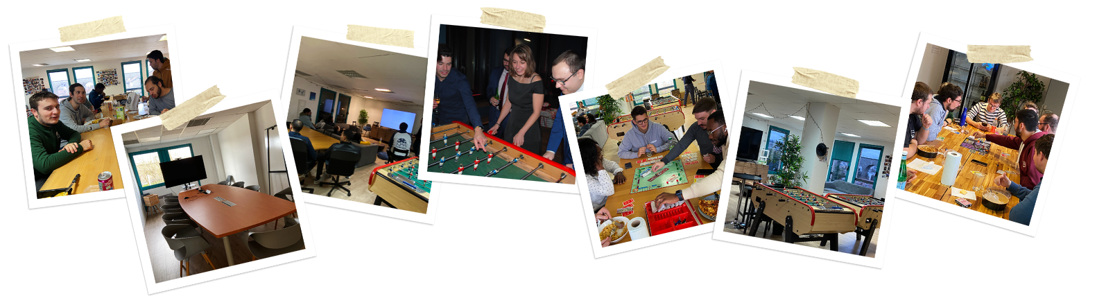 Collages de photos d'activités de l’équipe d’Oxyl, incluant des réunions de travail, jeux de baby-foot, jeux de société et repas d'équipe