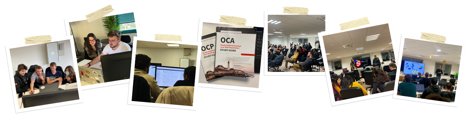 Montage de photos montrant l’équipe d’Oxyl collaborant devant des ordinateurs, des livres d’OCA et OCP et lors des TechNights