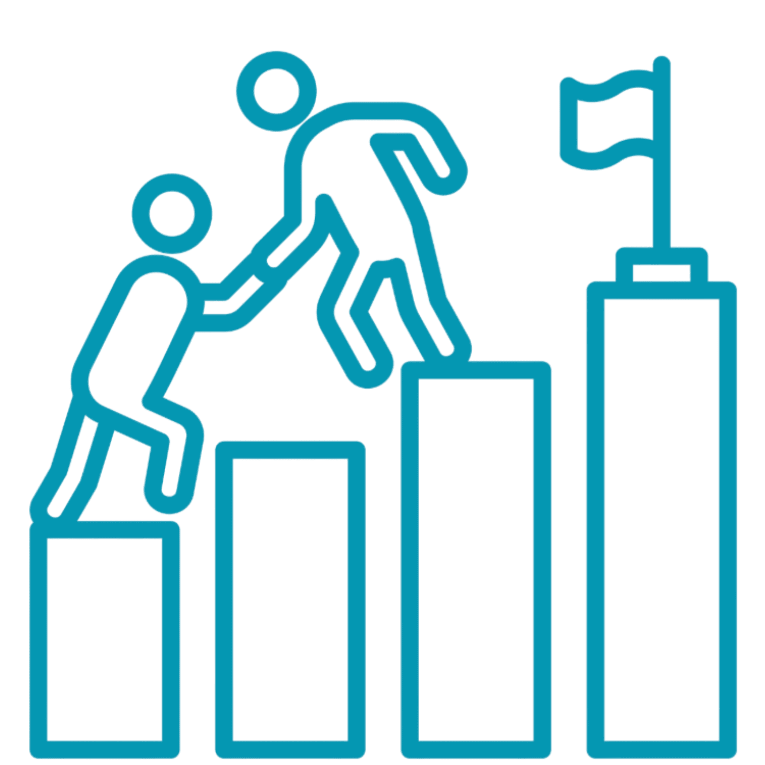 Illustration montrant une personne aidant une autre à monter des marches symbolisant la progression vers un objectif, avec un drapeau au sommet, représentant l’accompagnement et la montée en compétences à travers les formations, notamment en intelligence artificielle proposées par l’ESN Oxyl.