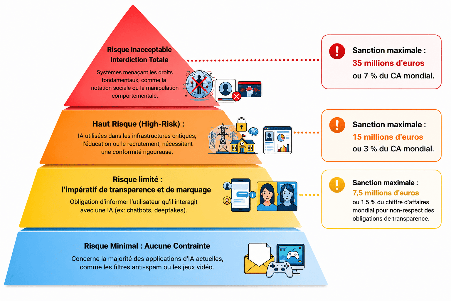 AI Act pour les entreprises : pyramide des niveaux de risque de l'intelligence artificielle, obligations de conformité et sanctions associées présentées par Oxyl.