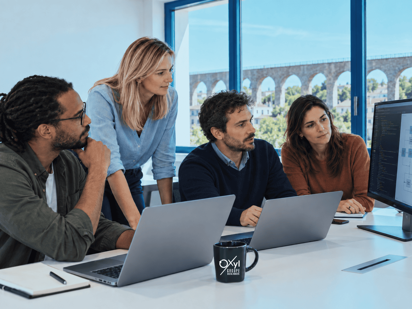 Équipe de consultants IT et IA analysant du code et un schéma d'architecture, avec vue sur l'aqueduc d'Arcueil