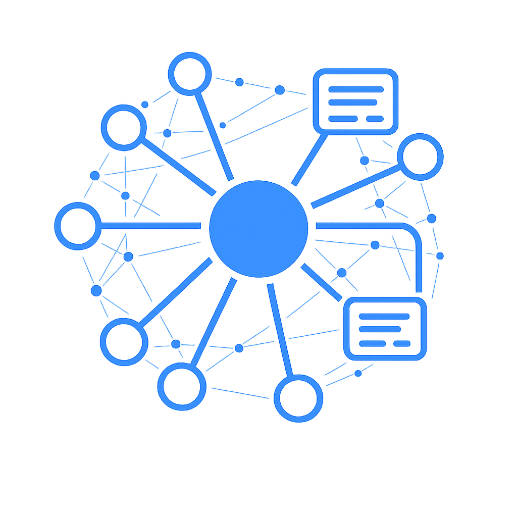 Nœuds et documents bleus reliés à un point central, illustrant le graphe de savoir centralisé d’Oxyl.