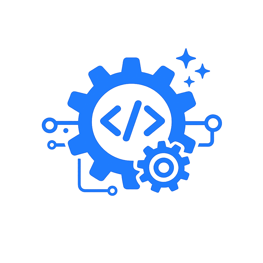 Engrenages bleus avec un symbole de code et des étincelles, illustrant l’usine logicielle assistée par l’IA d’Oxyl.